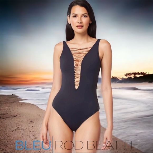 ☀️☀️☀️ Bleu Rod Beattie KORE Low Neck Lace Up One Piece Size 20W - Picture 1 of 6